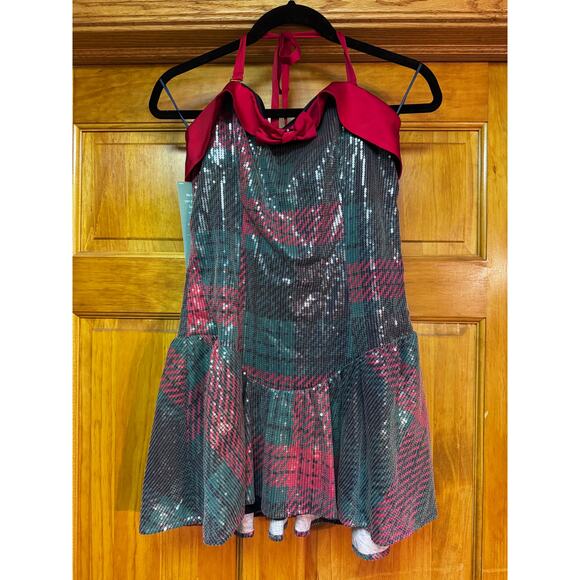 Johnny Wujek for JCPenney Plaid Scarlet Sage Sequin Mini Dress – Size Medium NEW - Picture 3 of 10